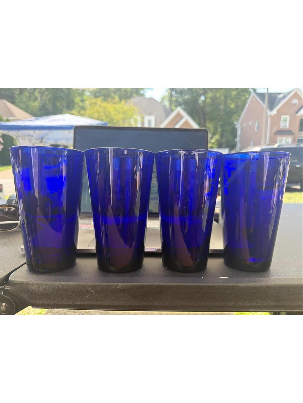 These 4 vintage drinking glasses are Libbey Cobalt Flare tumblers, recognized *